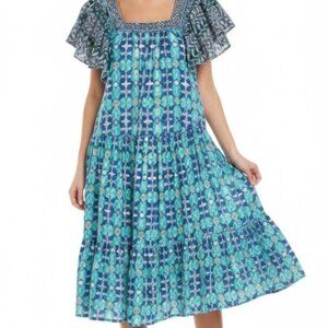Anthropologie Ro's Garden New Tiered Midi Dress Square Neck Ruffle Sleeve Blue S